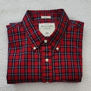 Abercrombie & Fitch Men's Red and Blue Plaid Shirt